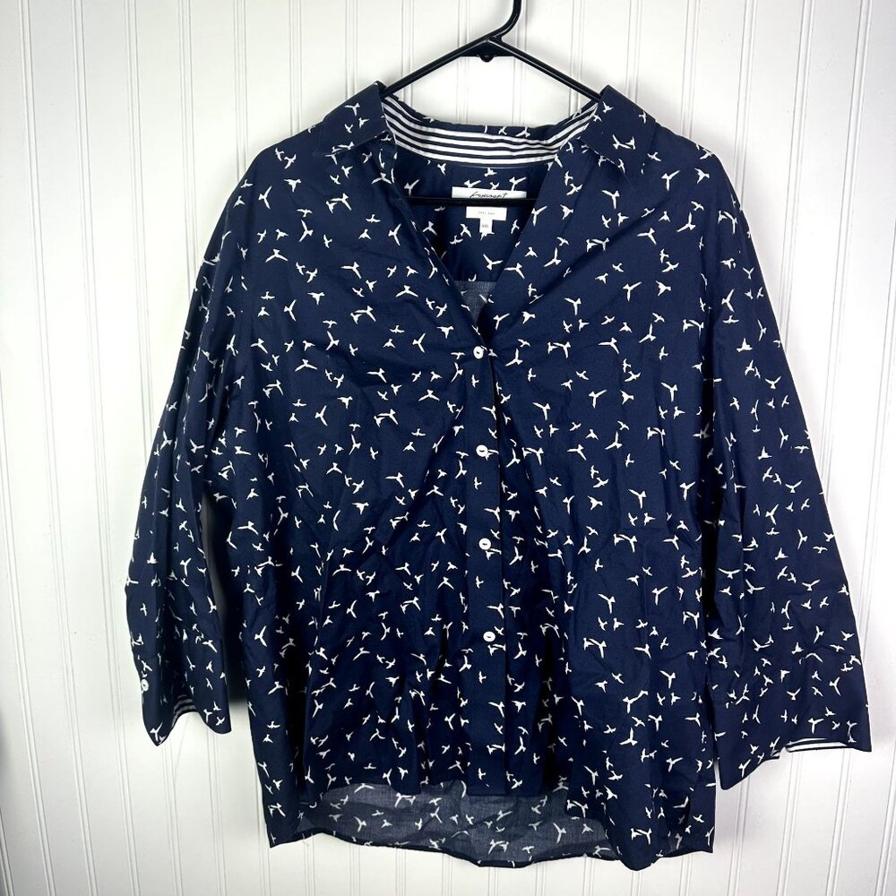 Foxcroft NYC Easy Care Navy Button Down Bird Print Size XXL